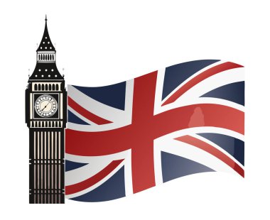 İngiliz bayrağı, detaylı Big Ben saat kulesi vektörü klasik İngiliz kimlik sembolü, beyaz üzerinde temiz bir şekilde izole edilmiş.