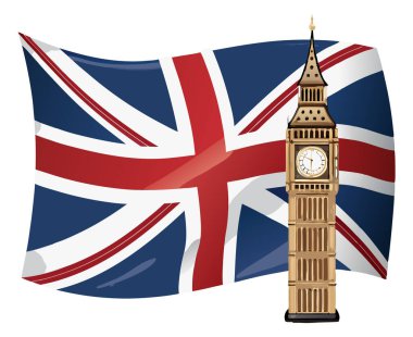 İngiliz bayrağı, detaylı Big Ben saat kulesi vektörü klasik İngiliz kimlik sembolü, beyaz üzerinde temiz bir şekilde izole edilmiş.