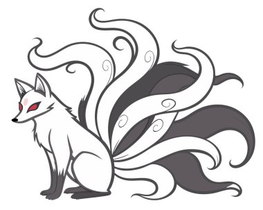 Kinci kitsune ruhu, parlayan kırmızı gözleri ve beyaz kürkü olan, duman içinde kıvrılan birden fazla kuyruğu olan, beyaz arka planda korku vektörü.