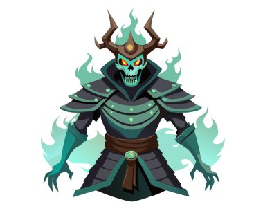 Ölü bir samurayın ruhu parlayan gözleri ve ruhani aurası olan eski bir zırh giyiyor, sessizce duruyor, beyaz arka planda izole edilmiş korku vektörü.