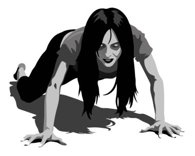 hayalet kadın dirseklerle ortadan ikiye bölünmüş, vücudunun üst kısmını yerde sürüklüyor, karanlık korku tarzı, beyaz üzerine vektör.