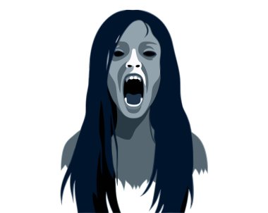 Korkunç Japon hayaleti. Gözleri görmüyordu ve ağzı açıktı. Çığlıklar atıyordu. Saçları dimdik duruyordu.