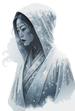 Yuki-onna beyaz cüppeli, parlayan derili ve etrafındaki buzlu sis, soğuk yüz ifadesi, beyaz tenli geleneksel korku vektörü