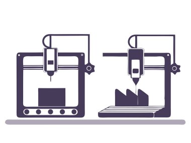 Sanayi bileşenleri üreten 3D yazdırma makinelerinin beyaz arka planda izole edilmiş vektörü.