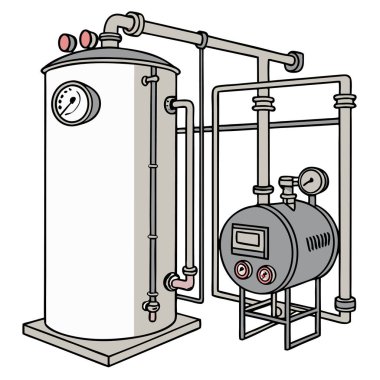 Beyaz arka planda izole edilmiş boruları ve basınç göstergeleri olan endüstriyel bir kazanın vektör çizimi.