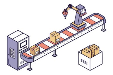 Otomatik makineler arasında hareket eden kutuları beyaz zemin üzerinde izole edilmiş bir taşıyıcı bandı taşıyıcısı.