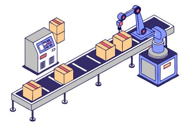 Otomatik makineler arasında hareket eden kutuları beyaz zemin üzerinde izole edilmiş bir taşıyıcı bandı taşıyıcısı.