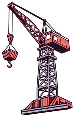 Beyaz arka planda izole edilmiş ağır malzemeler taşıyan büyük bir sanayi vincinin taşıyıcısı.