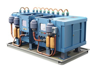 Bağlı kablolar ve batarya üniteleri olan büyük bir güç jeneratörünün vektörü, beyaz arkaplanda izole edilmiş..