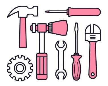 Beyaz arka planda izole edilmiş çekiç, anahtar, matkap ve dişli parçaları gibi endüstriyel araçların taşıyıcısı.