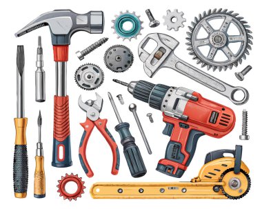 Beyaz arka planda izole edilmiş çekiç, anahtar, matkap ve dişli parçaları gibi endüstriyel araçların taşıyıcısı.