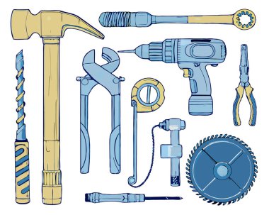 Beyaz arka planda izole edilmiş çekiç, anahtar, matkap ve dişli parçaları gibi endüstriyel araçların taşıyıcısı.