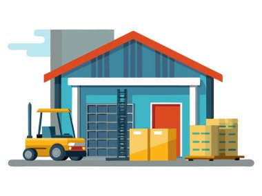 Yükleme rıhtımı, paletler ve forklift olan beyaz arkaplanda izole edilmiş bir deponun vektör çizimi.