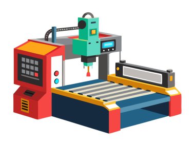 Beyaz arkaplanda izole edilmiş otomatik lazer metal kesme makinesinin vektörü.