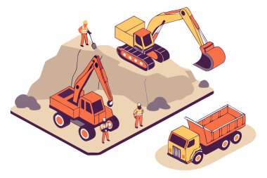 Beyaz arka planda izole edilmiş bir endüstriyel madencilik sahasında maden makineleri ve işçiler taşıyıcısı.