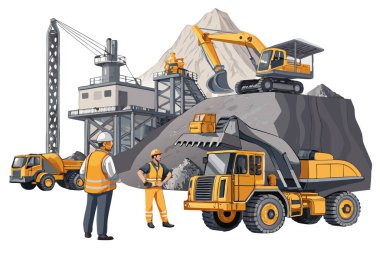 Beyaz arka planda izole edilmiş bir endüstriyel madencilik sahasında maden makineleri ve işçiler taşıyıcısı.