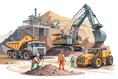 Beyaz arka planda izole edilmiş bir endüstriyel madencilik sahasında maden makineleri ve işçiler taşıyıcısı.