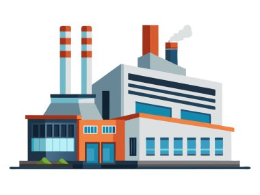 Tütsülenmiş bacaları, temiz tasarımı ve beyaz arka planda izole edilmiş minimum gölgeleri olan modern bir fabrika binasının vektör çizimi.