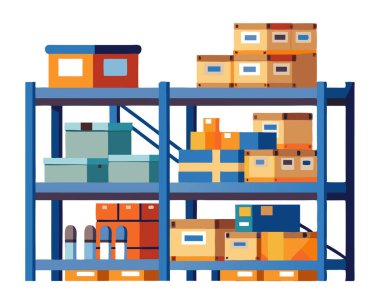 Beyaz arka planda izole edilmiş kutu ve mallarla dolu depo rafları taşıyıcısı.