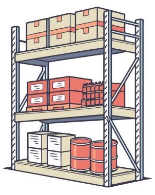 Beyaz arka planda izole edilmiş kutu ve mallarla dolu depo rafları taşıyıcısı.