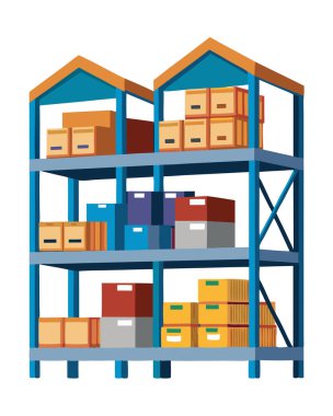 Beyaz arka planda izole edilmiş kutu ve mallarla dolu depo rafları taşıyıcısı.