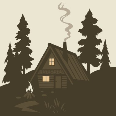 Baca dumanı, ağaçlar ve izometrik açıyla izole edilmiş kamp ateşi olan rahat ahşap bir kabinin taşıyıcısı.