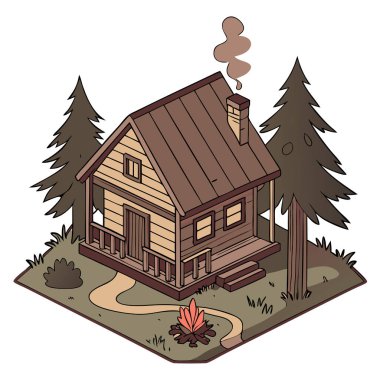 Baca dumanı, ağaçlar ve izometrik açıyla izole edilmiş kamp ateşi olan rahat ahşap bir kabinin taşıyıcısı.