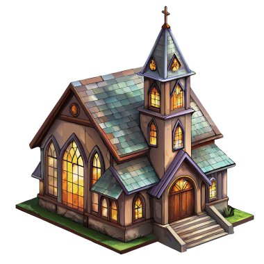 Yüksek çan kulesi, boyalı cam pencereleri ve beyaz üzerinde izole edilmiş izometrik basamakları olan bir kilisenin vektörü