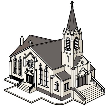 Yüksek çan kulesi, boyalı cam pencereleri ve beyaz üzerinde izole edilmiş izometrik basamakları olan bir kilisenin vektörü