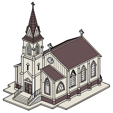 Yüksek çan kulesi, boyalı cam pencereleri ve beyaz üzerinde izole edilmiş izometrik basamakları olan bir kilisenin vektörü