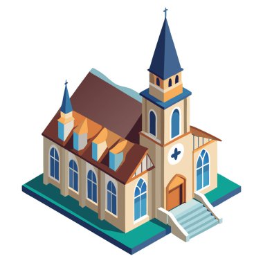 Yüksek çan kulesi, boyalı cam pencereleri ve beyaz üzerinde izole edilmiş izometrik basamakları olan bir kilisenin vektörü