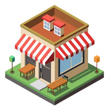 Çekici bir Avrupa tarzı kafein vektörü çizgili tenteli, dışarıda tabloları, izometrik açısı, beyaz arka planı