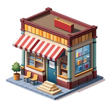 Açık işaretli, rafları pencerelerden görülebilen, beyaz arkaplanı olan tuhaf izometrik kitapçının vektörü