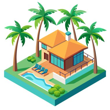 Palmiye ağaçları ve izometrik formatta açık terası olan bir tatil köyü tarzı tropikal villanın vektörü, beyaz arkaplan
