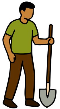 Elinde kürek tutan çizgi film adamı.