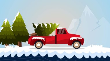 Kırmızı araba karlı ormanda ilerliyor.