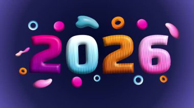 Fütürist 2026, soyut dijital dalgalarla birlikte 3D animasyon arkaplanı