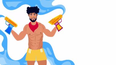 Elinde su tabancaları olan bir adam Songkran festivalini mavi şapırtılı arka planda kutluyor.