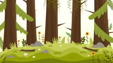 Ağaçlar ve çalılarla kaplı karikatür ormanı. vektör