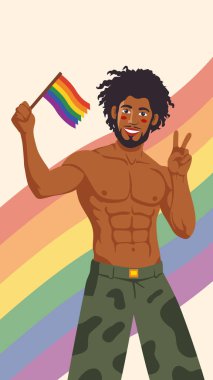 Igbt bayrağı taşıyan Afrikalı adam, vektör illüstrasyonu