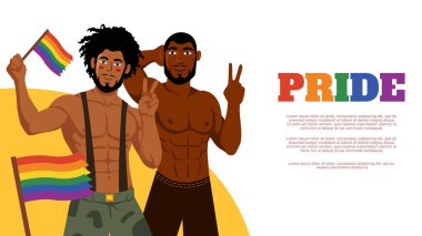 Gururlu eşcinsel çift ve gökkuşağı bayrağındaki adam lgbt çeşitliliği onur yürüyüşü