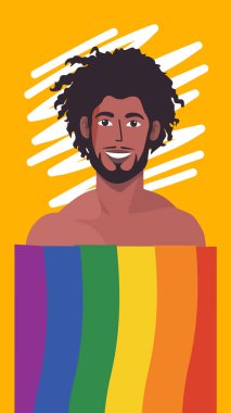 Igbt gurur bayrağı taşıyan gökkuşağı bayrağı taşıyan adam, vektör çizimi