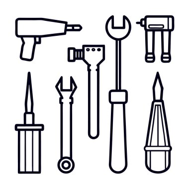Yapı araçları seti, inşaat malzemeleri simgeleri, vektör illüstrasyonu