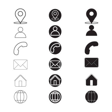 Bu resim konum, kullanıcı, telefon, posta, ev ve dünya gibi ortak iletişim simgelerini gösterir. Hem ana hatlarıyla hem de dolu stilleriyle sunulurlar..
