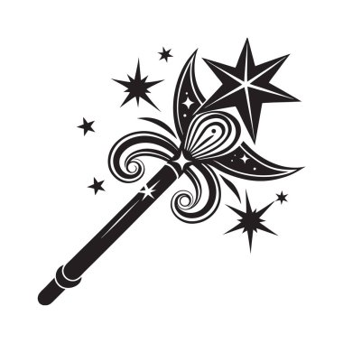 Beyaz arka planda izole edilmiş yıldızlı değnek. siyah ve beyaz resimleme.