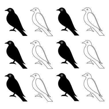 Siyah beyaz kuş seti. vektör illüstrasyonu