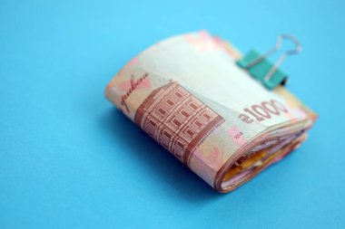 Açık mavi kağıt üzerine Ukrayna para faturaları yakın plan