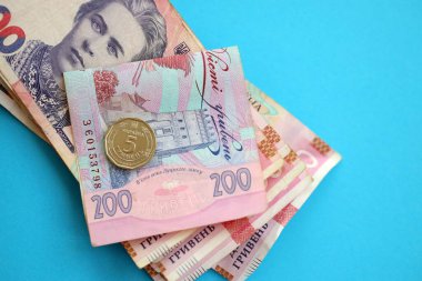 Açık mavi kağıt üzerine Ukrayna para faturaları yakın plan