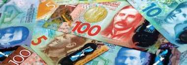 Yeni Zelanda Doları banknotları masaya yığıldı. NZD para biriminin Yeni Zelanda banknotları yakın plan. Yeni Zelanda 'da iş, ekonomi ve yatırım kavramı.