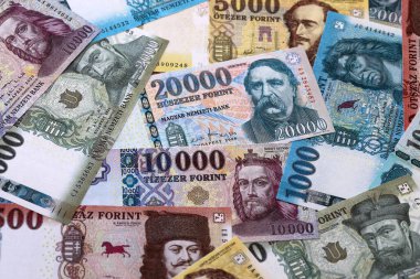 Macar sahte para banknotları masaya yığıldı. HUF 'un Macaristan banknotları yakın plan. Macaristan 'da iş, ekonomi ve yatırım kavramı.